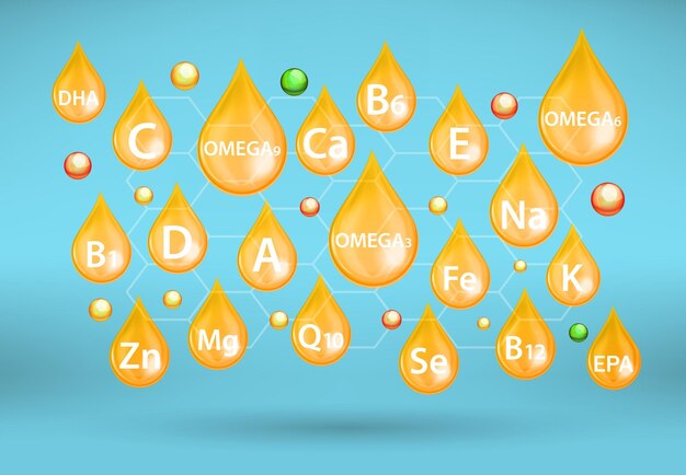 Suplementos multivitamínicos minerales y omega vector ilustración