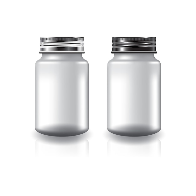 Vector suplementos redondos de color blanco o frasco de medicina con dos colores, tapa de rosca plateada y negra.