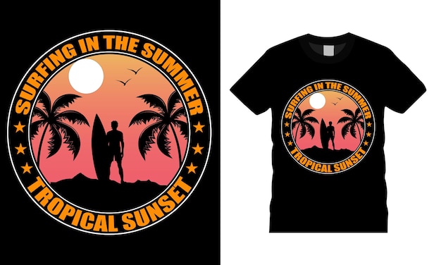 surf en el atardecer tropical de verano verano camiseta de tipografía plantilla vectorial de diseño