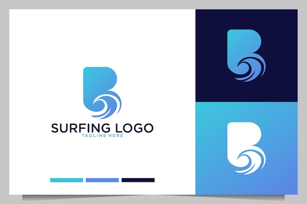 Surf y olas con diseño de logotipo letra b