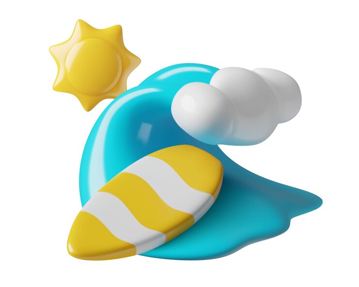 Vector surf y vacaciones de verano icono vectorial 3d con tabla de surf onda del océano y sol