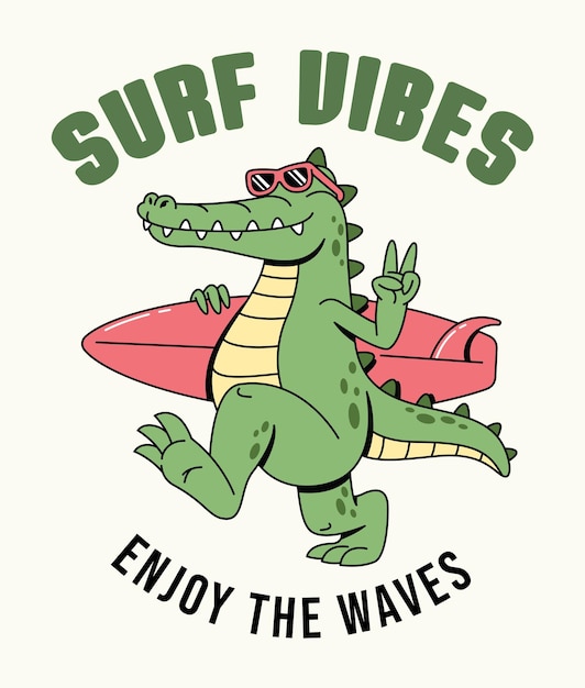 el surfe de cocodrilo dibujos animados retro ilustración linda