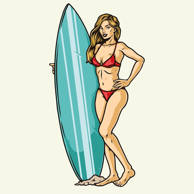 Vector surfeando colorido con una mujer bonita en traje de baño rojo con tabla de surf aislada