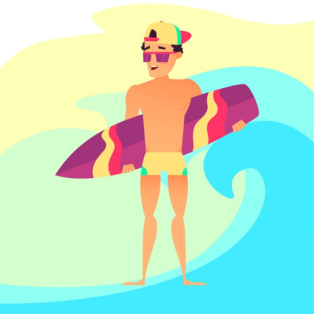 Vector surfeando vacaciones de verano, surfista con tabla de surf. estilo de dibujos animados