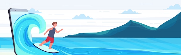 Surfer hombre navegando en wave guy en tabla de surf actividades de verano concepto de tecnología digital montañas paisaje marino fondo smartphone pantalla en línea aplicación móvil en toda su longitud horizontal
