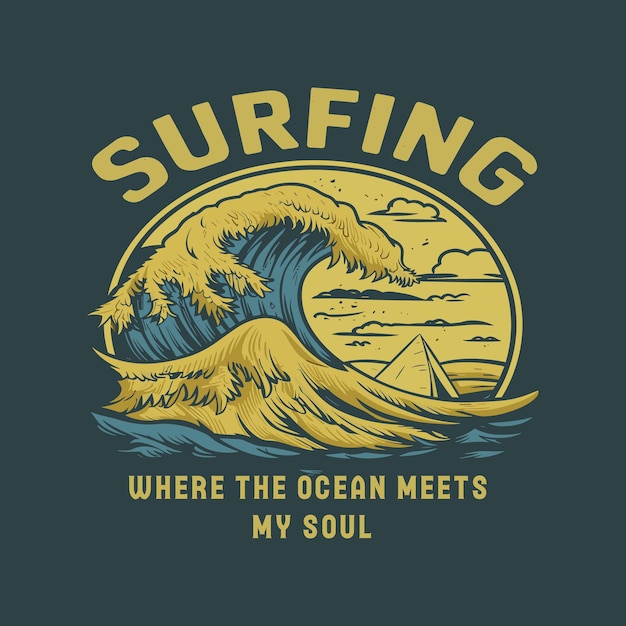 Surfer surfing on the sea wave plantilla de diseño de camiseta vintage