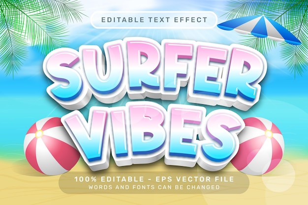 Surfer vibes efecto de texto 3D y efecto de texto editable con un fondo de playa