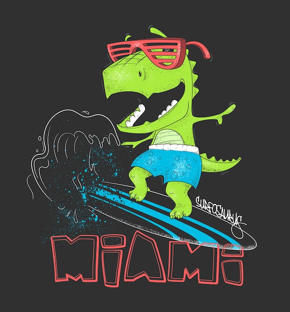 Surfista de dinosaurios montar la ola, en tabla de surf. ilustración.