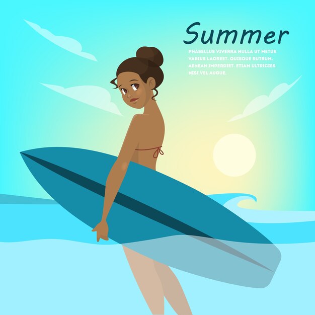 Surfista joven hermosa con el tablero en la playa de verano