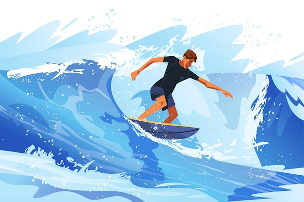 Surfista montando una gran ola en el océano escena de acción dinámica con vibrantes salpicaduras de agua azul y movimiento