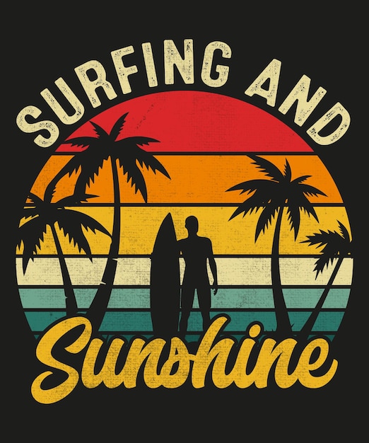 Surfista con tabla de surf y palmeras en el fondo Diseño de camisetas vintage