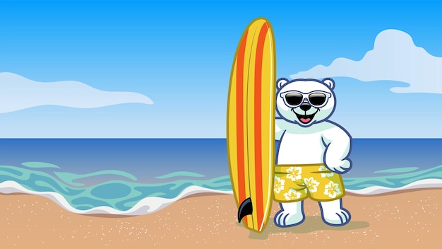 Surfista de vacaciones de oso polar en la playa