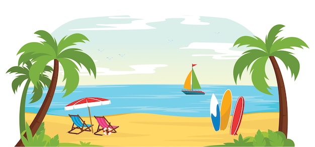Surfista de vector de paisaje de playa tropical