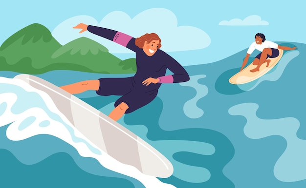 Surfistas de dibujos animados en el agua Playa de mar activa relajarse Chicos felices cortar a través de las olas Surf de verano Deporte extremo Nadadores profesionales Gente en tablas de surf Concepto vectorial llamativo