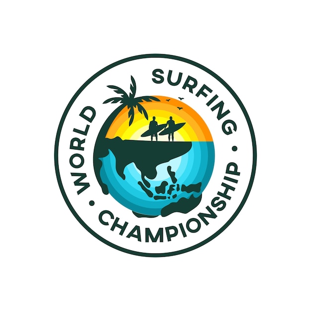 Vector surfistas viendo la puesta de sol en una isla con una silueta de mapa mundial para estampado o bordado de camisetas