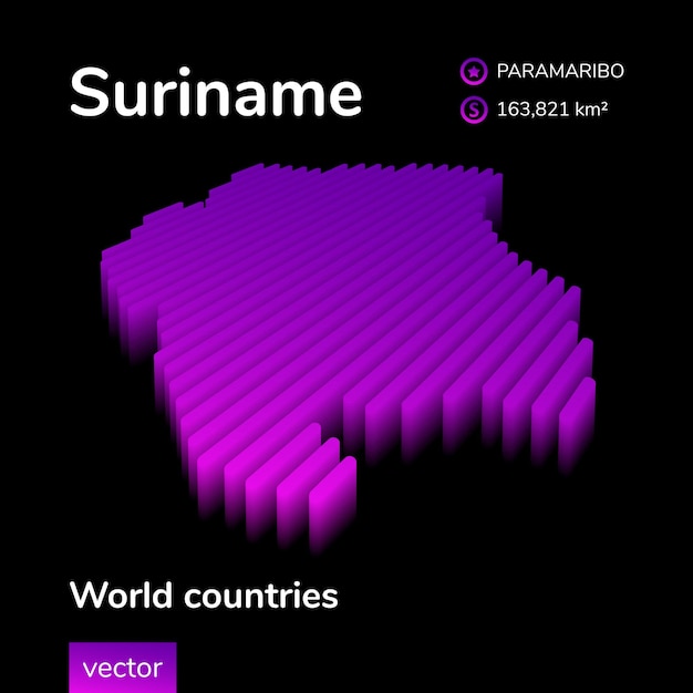 Surinam d mapa estilizado neón digital isométrico rayado vector mapa de surinam está en colores violetas en