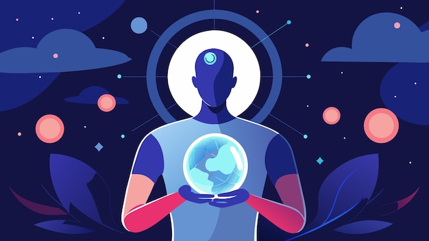 Vector a surreal image of a person holding a glowing orb that represents the ai technology intertwined with