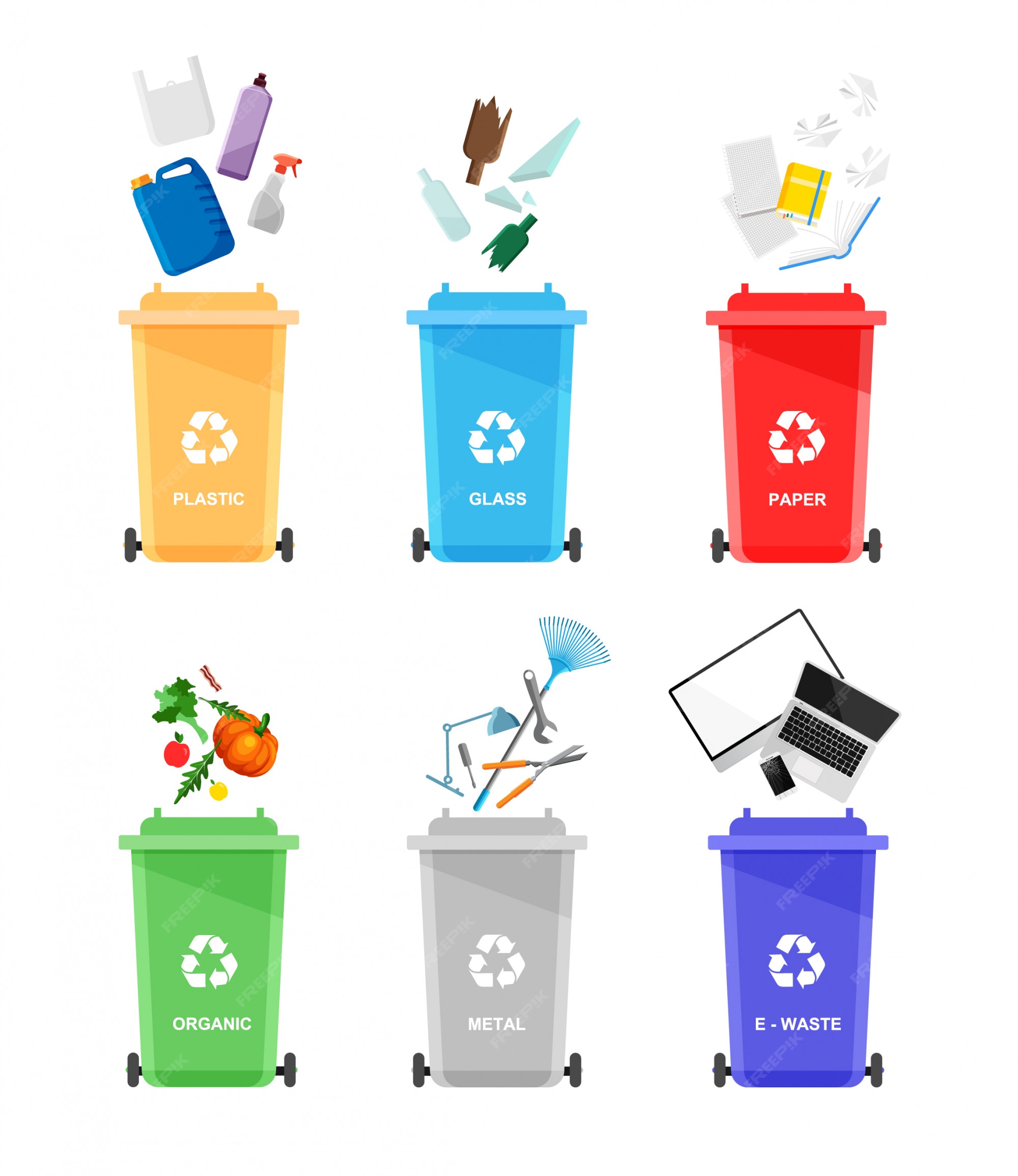 de basura en urnas colores contenedores para reciclaje con basura clasificada. | Vector Premium