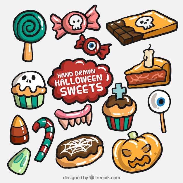 Vector surtido de caramelos y pasteles de halloween dibujados a mano