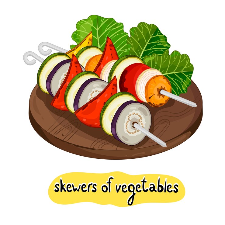 Vector surtido de deliciosas brochetas de verduras a la parrilla