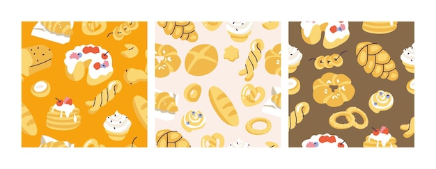 Surtido de illustartion de vector de patrones sin fisuras de diferentes pasteles para panadería