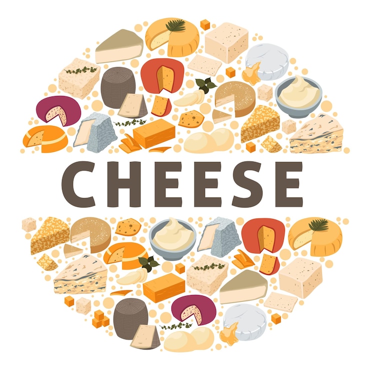 Vector surtido de quesos variedad de banner de productos lácteos.