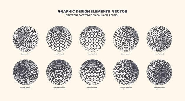 Surtido de varias bolas vectoriales 3D en diferentes posiciones con patrón de semitono de estrella y triángulo aislado sobre fondo blanco. Colección de elementos de diseño de esferas 3D de variedad blanco negro gráfico