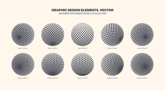 Surtido de varios vectores 3d bolas en diferentes posiciones con el patrón de semitono cuadrado y hexagonal conjunto aislado sobre fondo blanco. colección de elementos de diseño de esferas 3d de variedad blanco negro gráfico