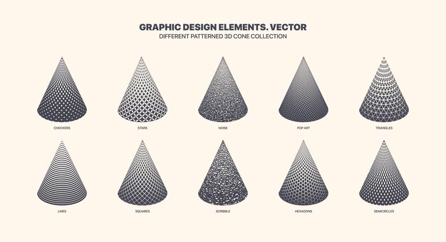 Surtido de varios vectores de cono 3d estampados con diferentes texturas geométricas conjunto aislado sobre fondo blanco. gráfico moderno varios patrones de variedad de conos 3d en blanco y negro. colección de elementos de diseño