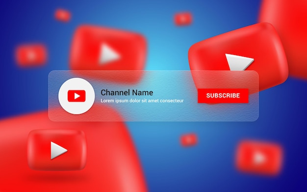 Suscríbete banner de canal de YouTube con vidrio borroso y fondo 3d