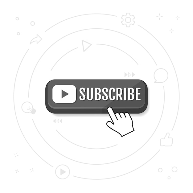 Suscríbete, botón de llamada y cursor de mano. Botón negro para suscribirse a un canal, blog. Botón web de red social, elemento de canal, contenido de video. Concepto de redes sociales.
