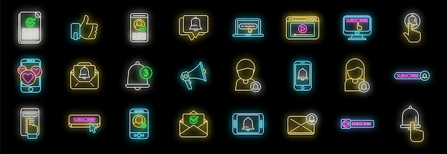 Suscríbete conjunto de iconos de neón vectorial