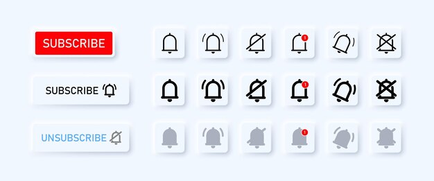 Suscríbete conjunto de iconos. Timbre de notificaciones encendido y apagado. Estilo neumorfismo. Icono de línea de vector para negocios y publicidad