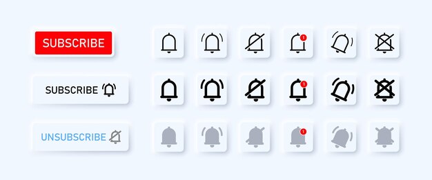 Suscríbete conjunto de iconos. timbre de notificaciones encendido y apagado. estilo neumorfismo. icono de línea de vector para negocios y publicidad