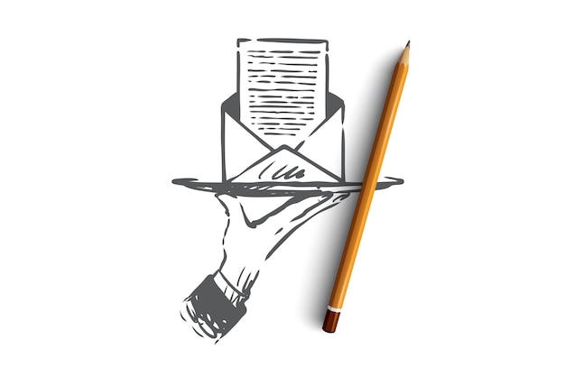 Suscribirse, boletín, correo, internet, concepto de comunicación. Boceto de concepto de sobre de carta dibujada a mano.