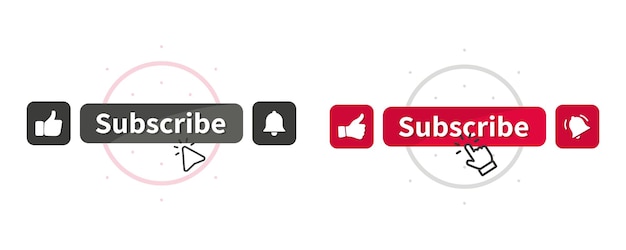 Suscribirse botón con cursor. Botones Me gusta, comentar y no me gusta. Blogs, promoción, suscripción al canal, blog. Suscríbete al canal. Notificación de transmisión de video en vivo o icono de campana de mensaje