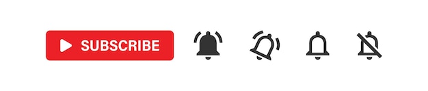 Suscribirse botón rojo con notificación de campana establecer iconos Vector de redes sociales web