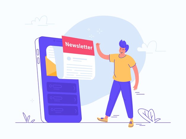 Suscripción al boletín en línea en la aplicación móvil. Ilustración de vector plano de hombre sonriente que aprueba un gran teléfono inteligente con nueva carta mensual volando fuera de la pantalla para estar al día y obtener noticias y actualizaciones