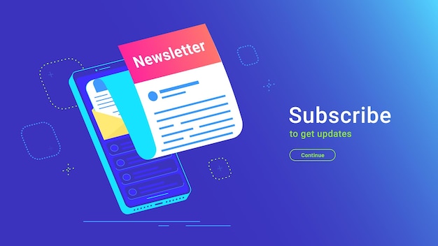 Vector suscripción al boletín online en la aplicación móvil. ilustración de gradiente de vector de teléfono inteligente isométrico con nueva letra mensual volando fuera de la pantalla para mantenerse actualizado y obtener noticias y actualizaciones recientes