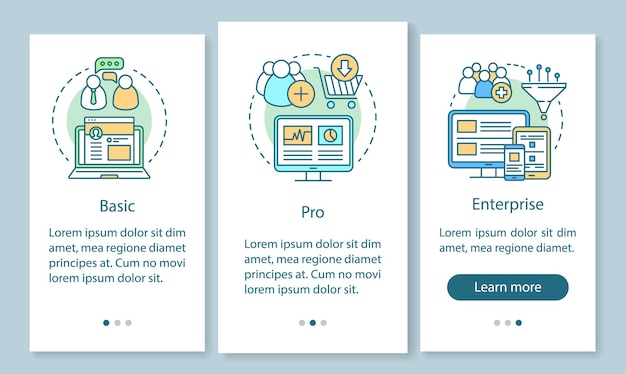 Suscripción de herramientas de marketing digital que incorpora la pantalla de la página de la aplicación móvil con conceptos lineales. Tarifas básicas. Instrucciones gráficas de tres pasos de tutorial. UX, UI, plantilla de vector de GUI con ilustraciones