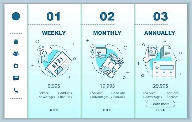 Suscripción a periódicos incorporando pantallas de aplicaciones móviles con precios de servicios Plantillas de páginas de sitios web de tutoriales de publicaciones periódicas Pasos de planes de tarifas mensuales semanales Diseño web de pagos de teléfonos inteligentes