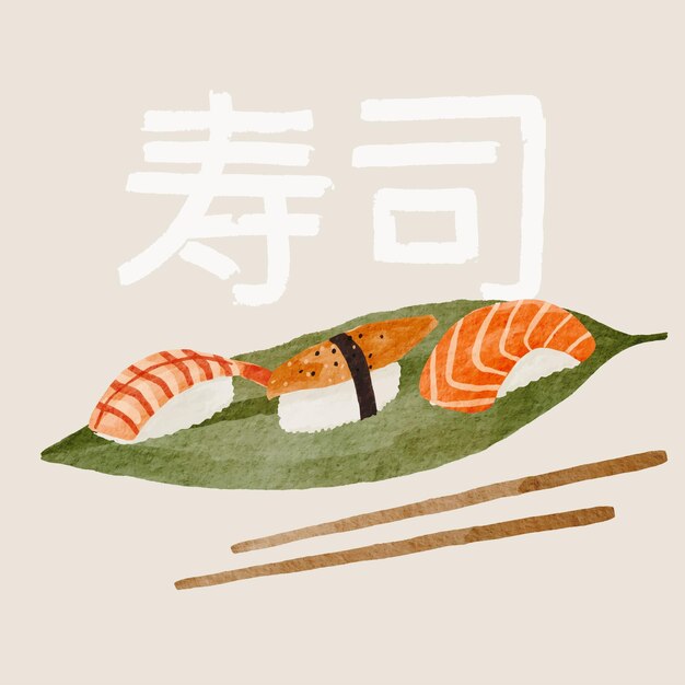 Sushi acuarela en presentación de hoja de bambú verde. rollo de nigiri realista. Sabroso vector de comida asiática