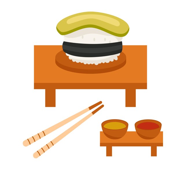 Sushi con aguacate, salsa y palillos. Cocina y comida tradicional japonesa o asiática.