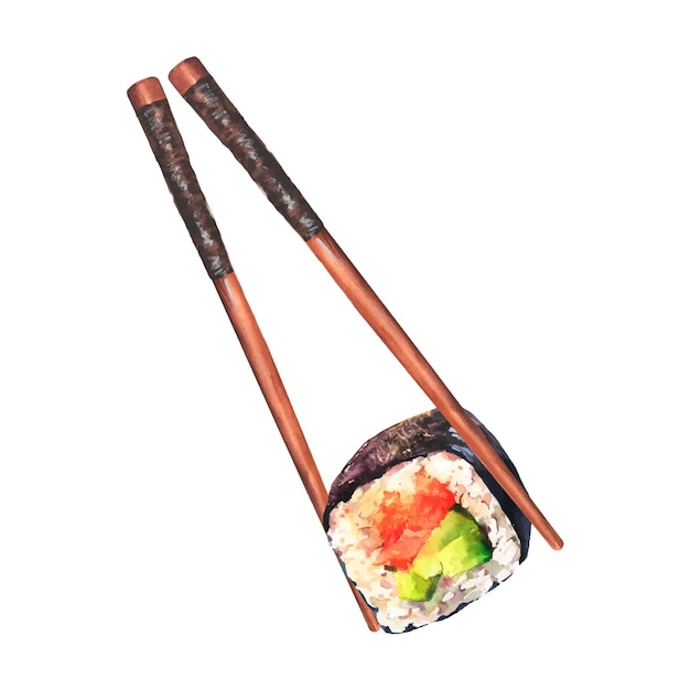 Sushi aislado Rollo de sushi aislado con palillos, comer sushi acuarela ilustración aislada.