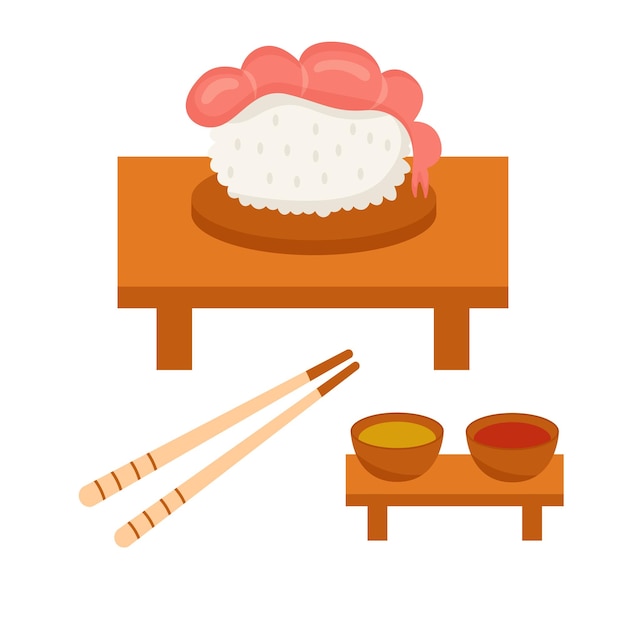 Sushi con camarones, salsa y palillos. Cocina y comida tradicional japonesa o asiática.