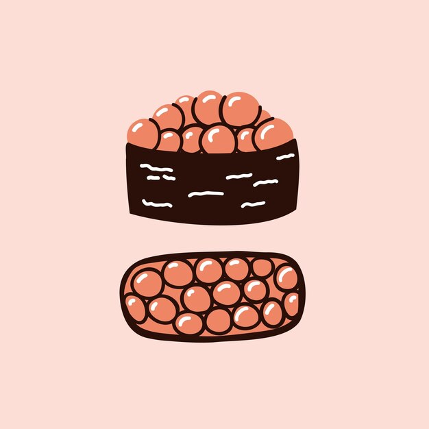 Sushi con caviar envuelto en hojas de nori ilustración vectorial dibujada a mano en estilo plano