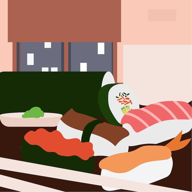 Sushi para cenar en ilustración plana