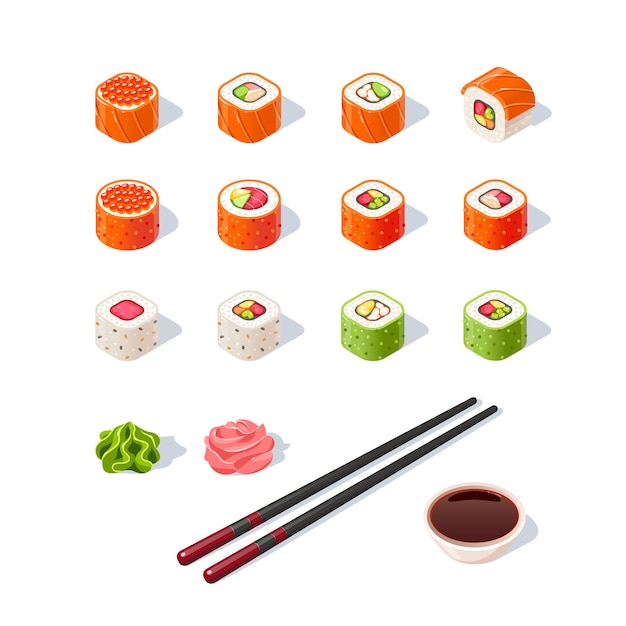 Sushi de comida 2 rollos de juego aislados en fondo blanco Ilustración vectorial de estilo plano moderno