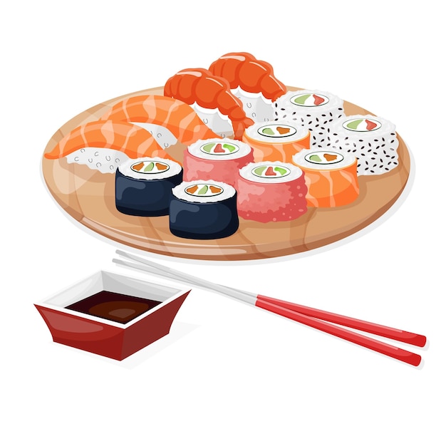 Vector sushi comida japonesa menú vector ilustración un colorido conjunto de diferentes tipos de sushi en un bambo