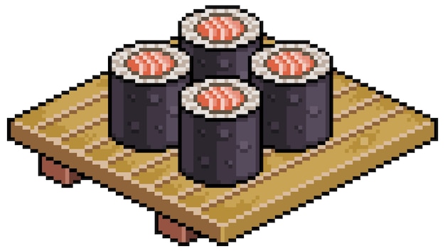 Sushi de comida japonesa de pixel art en tablero de madera artículo de juego de bits